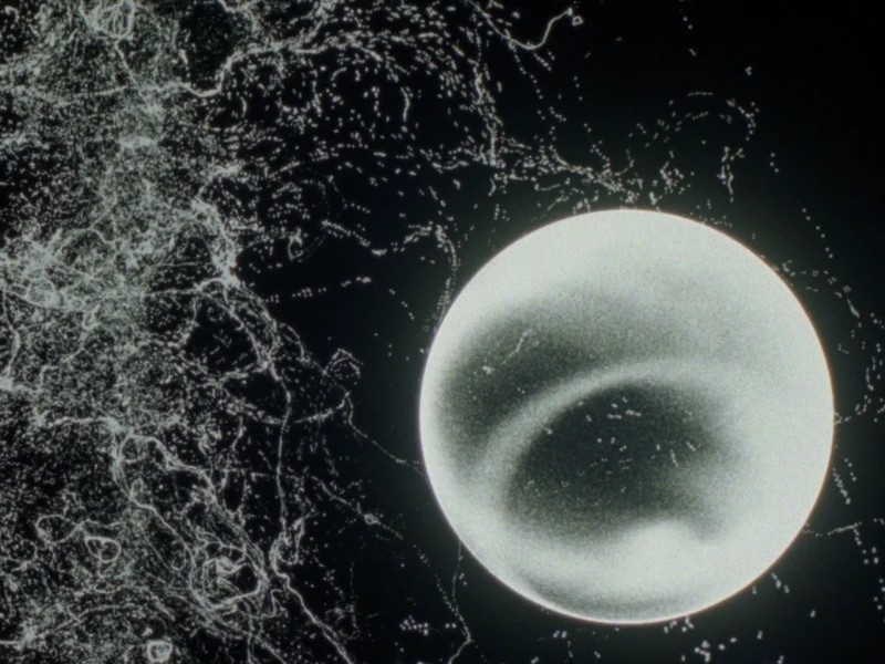 A glowing white sphere against a black background with intricate line patterns on the left.