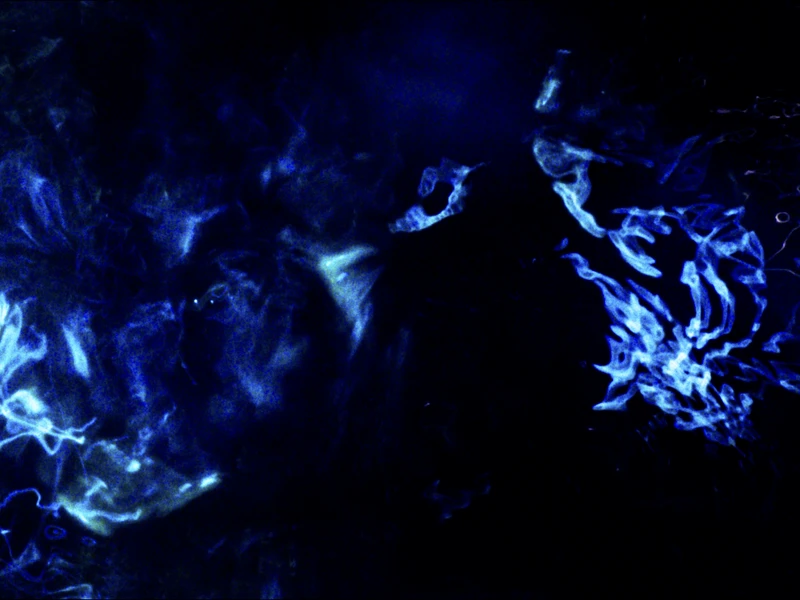 Abstract blue light patterns on a dark background.