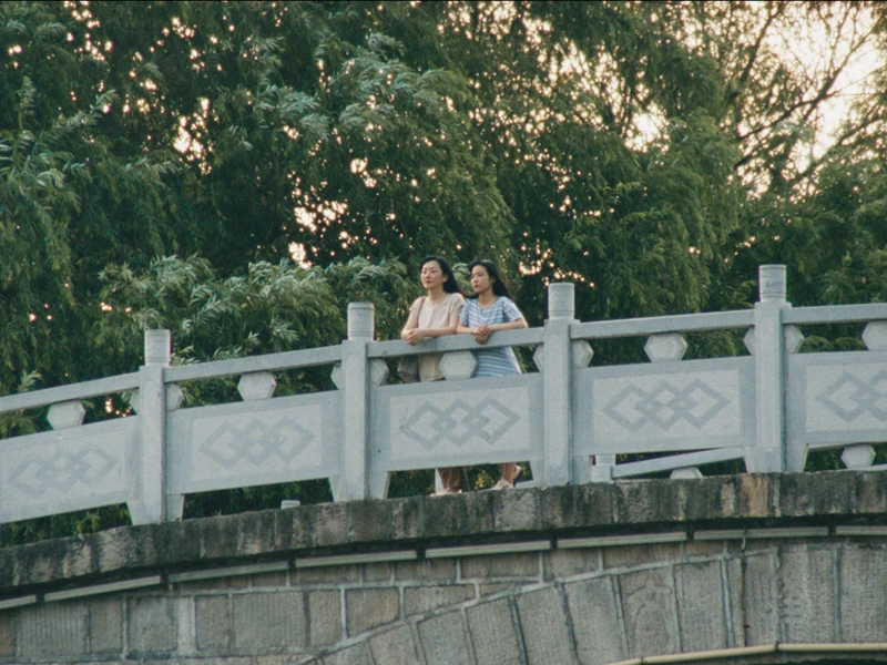 Two people standing on a decorative stone bridge with green foliage in the background.