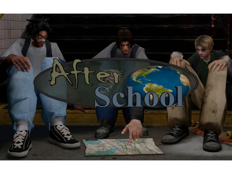 Three young people sitting on stairs examining a map, with the text "After School" and a globe graphic in the foreground.