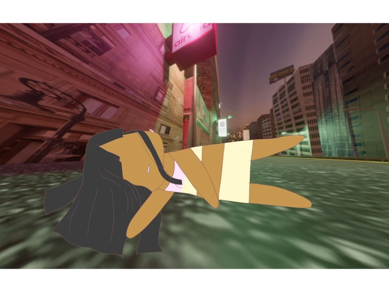 An animated character lying on an urban street with brightly lit buildings.