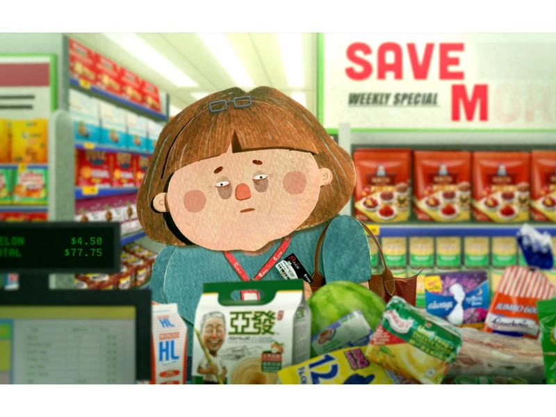 A woman at a supermarket checkout counter with groceries and a "SAVE MORE" sign.