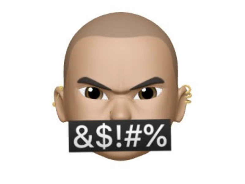 Graphic of a bald memoji with a bar denoting curse words over the mouth.