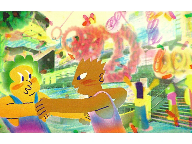 Colorful illustration of two animated characters interacting with a vibrant background.