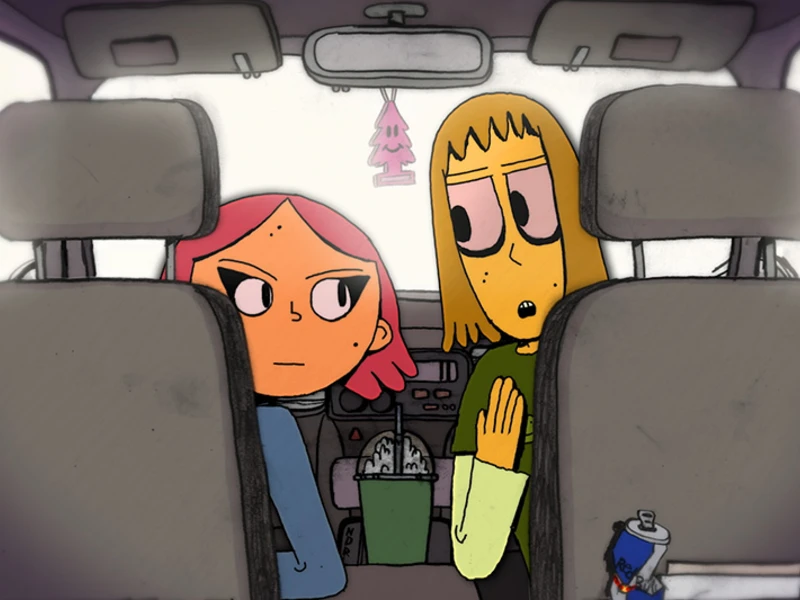 Illustration of two cartoon characters in a car, one looking annoyed and the other explaining something.