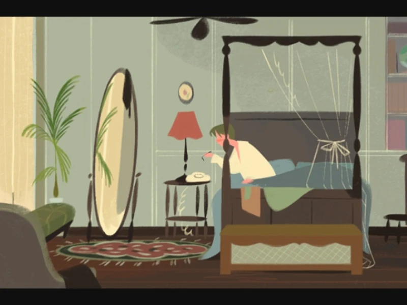 Person sitting on a four-poster bed, talking on a phone, in a bedroom with a large mirror and leafy plant.