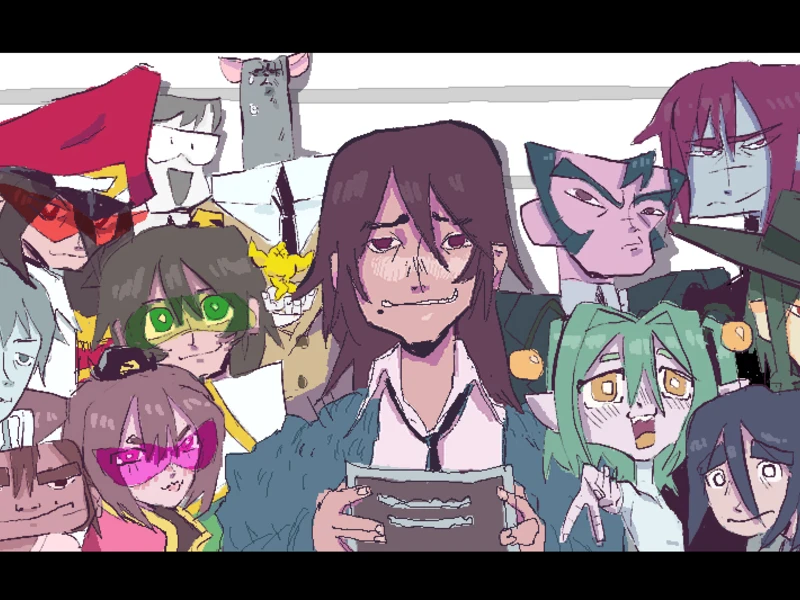 A vibrant illustration of animated characters gathered closely together.