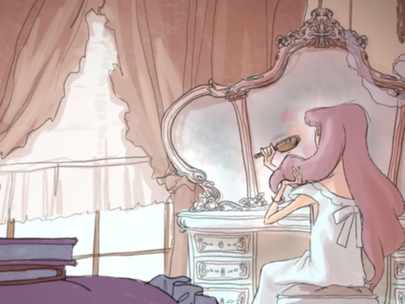 Woman brushing her pink hair at an ornate vanity with a large mirror and draped windows in the background.