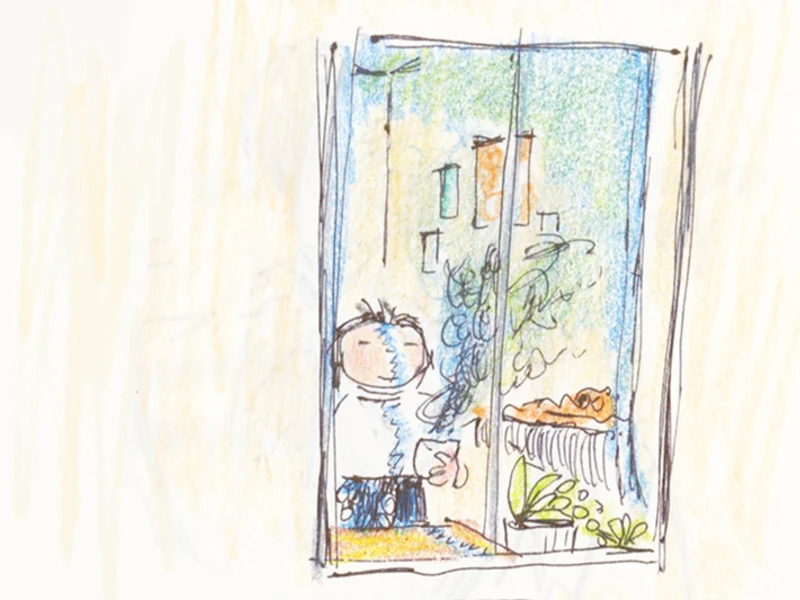A whimsical drawing of a person with a cup, looking out a window, with a cat and plants in the background.