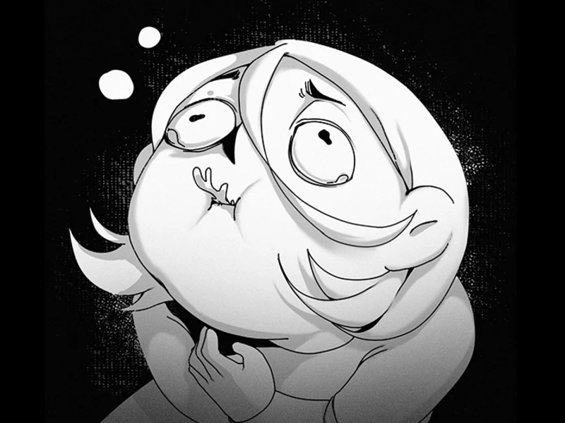 A cartoon character with a surprised expression and puffed cheeks in a black-and-white illustration.
