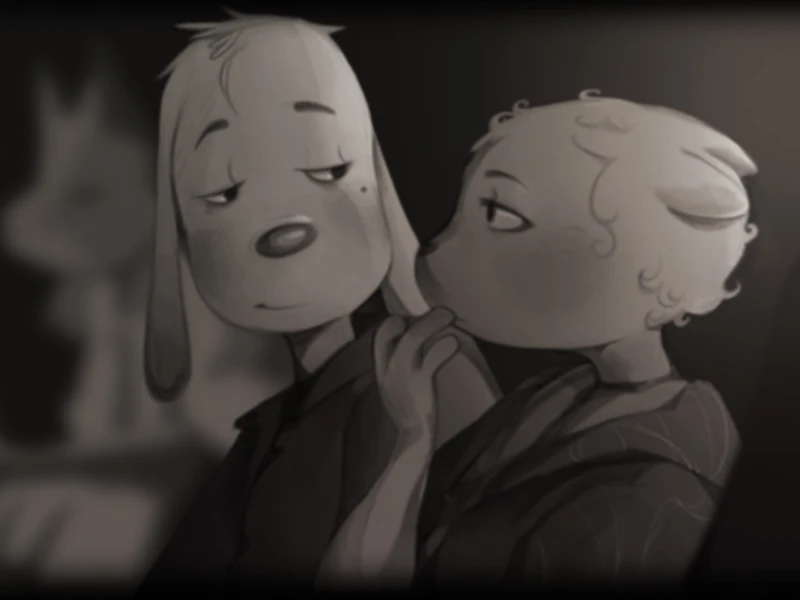 "Two anthropomorphic characters in a grayscale illustration, one with drooping ears and the other with small curled hair, looking at each other closely."