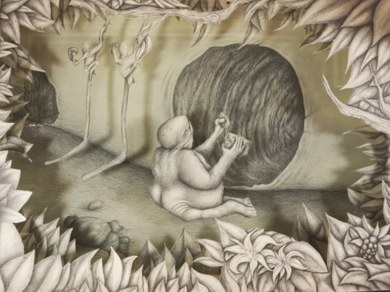 A humanoid figure sits in a cave-like setting, interacting with a large spherical object, flanked by two elongated abstract figures, with a frame of detailed leaves and flowers.