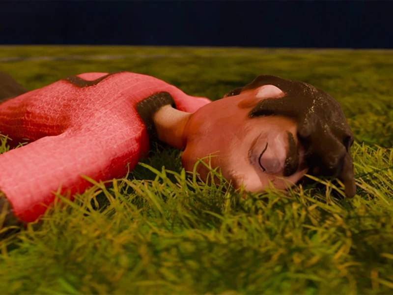 Clay figure lying face down on green grass.