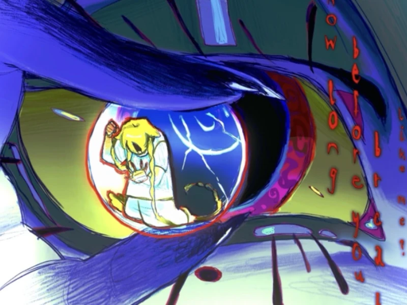 A colorful eye reflecting a kneeling figure and vertical red text.