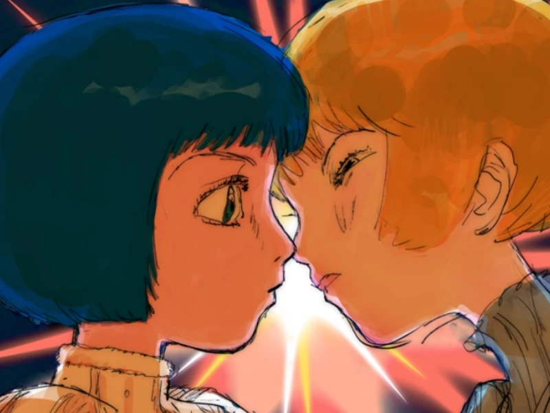 Two characters with contrasting hair colors facing each other closely, with a bright light source behind them.