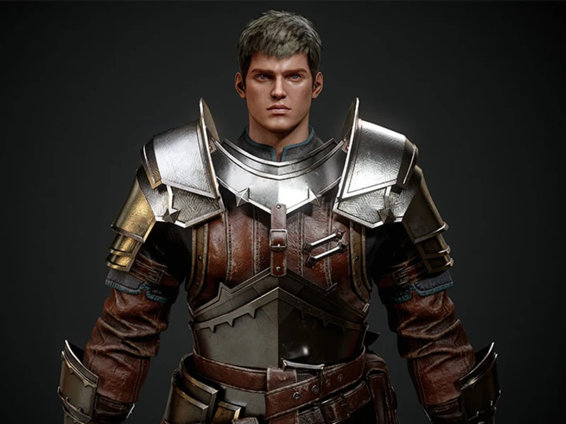 A digital character in medieval armor with a leather underlayer and a neutral expression.