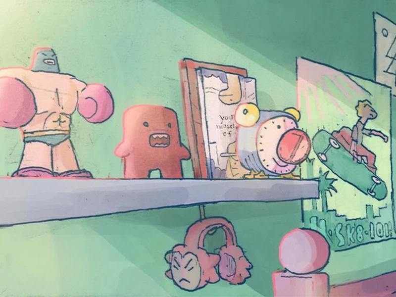 A shelf with colorful action figures, a book, and a wall poster of a skateboarder in a green room.