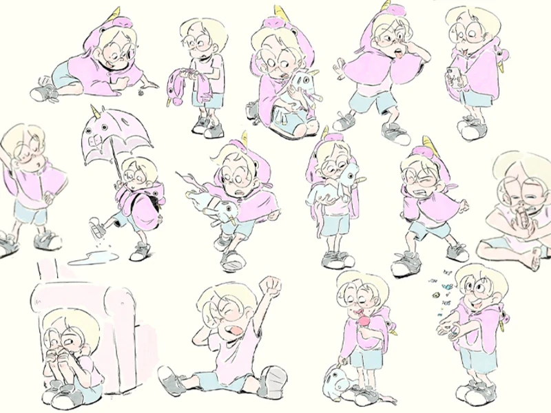 Cartoon illustrations of a child in a purple unicorn cape in various playful poses.