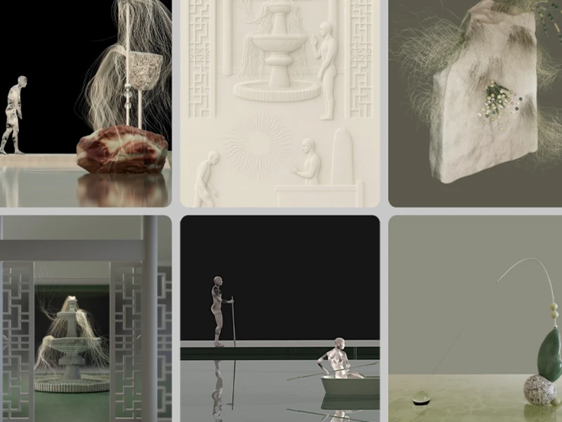 A collage of six surreal artistic scenes including figures, textures, and layered compositions.