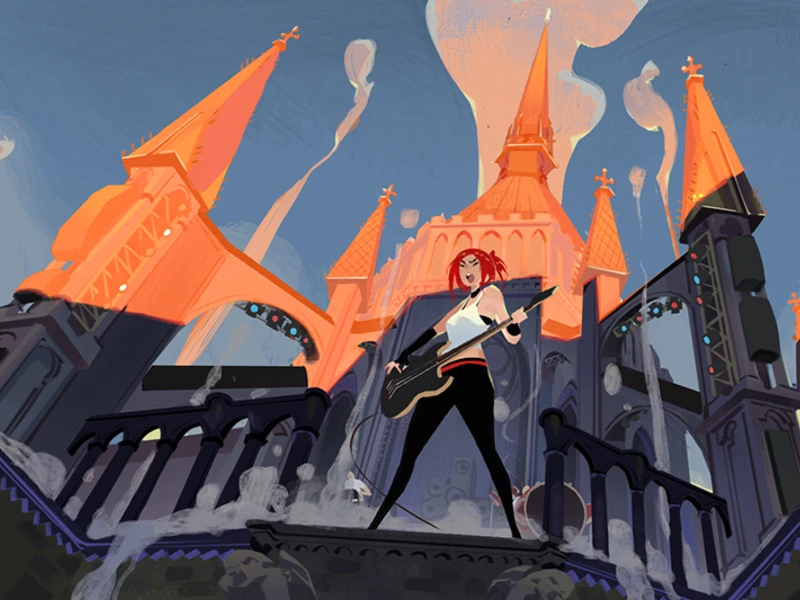 A red-haired character playing a guitar in front of a brightly lit cathedral with orange spires.
