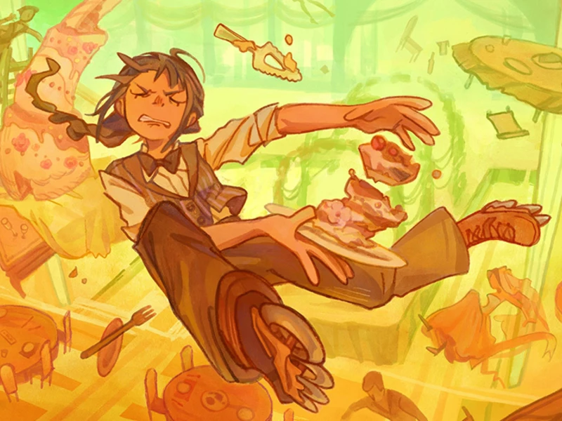 A person floating through a vibrant, chaotic scene with a plate of cake slices in hand.