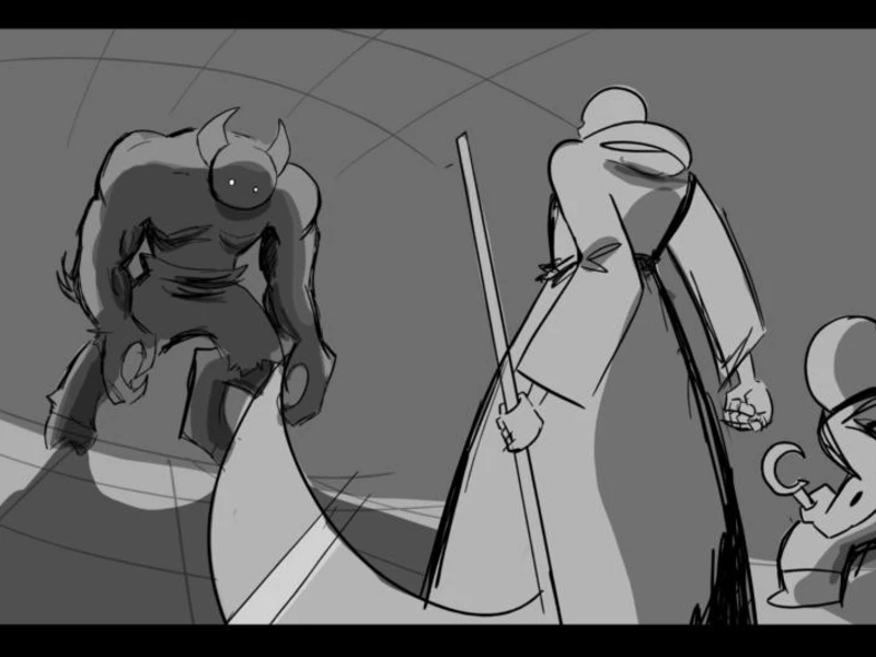 A robed figure and a smaller figure confront a horned, muscular creature in a sketch.