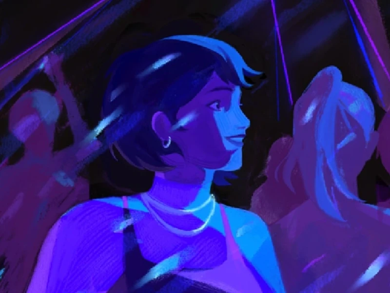 A stylized illustration of a person in a crowd with blue and purple lighting effects.