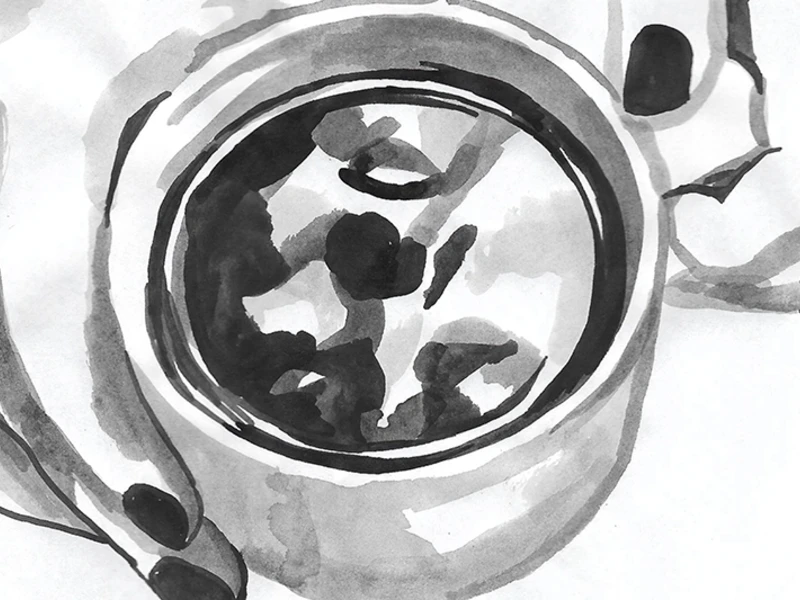 Grayscale watercolor painting of a coffee cup seen from above.