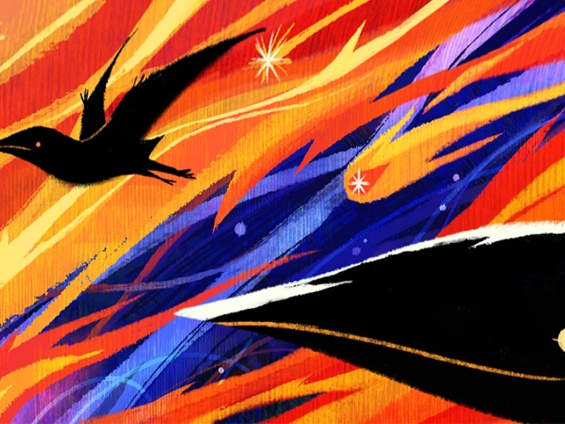 An abstract illustration of a bird silhouette against a vibrant background with red, orange, blue, and yellow streaks.