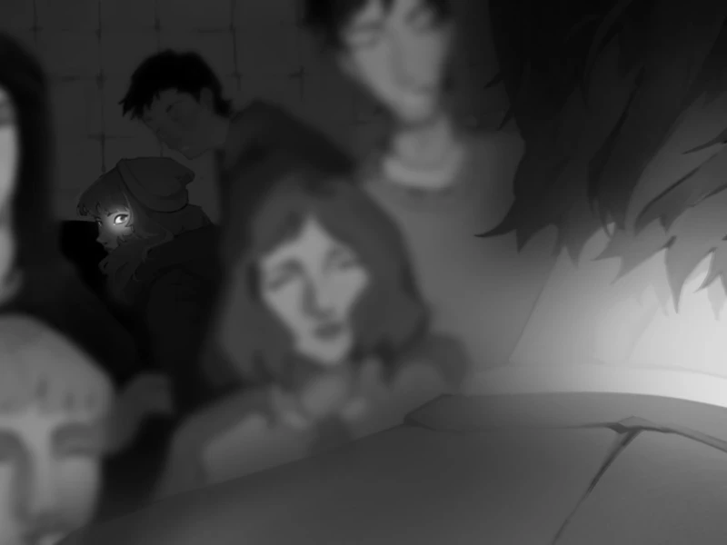 A blurred grayscale image of a group with one individual in focus, highlighting their eyes amidst a dimly lit environment.