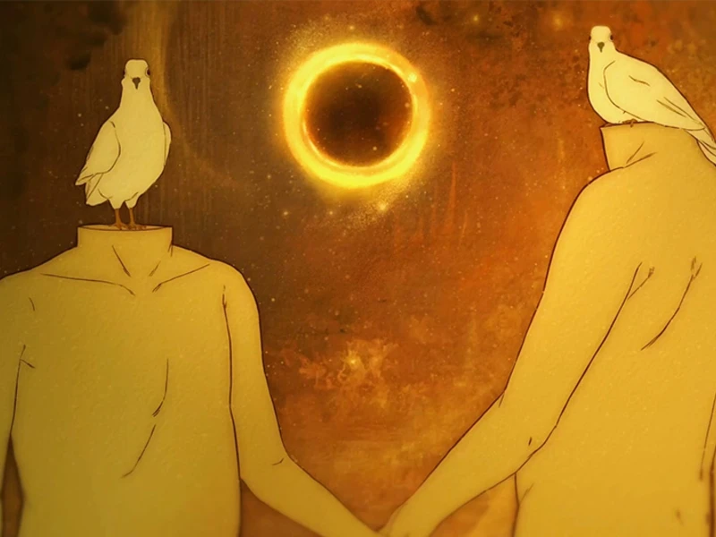 Two human figures with dove heads holding hands under a solar eclipse.