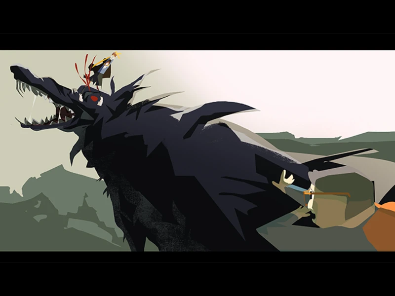 A stylized scene of a large, dark wolf with a small figure standing on its back in a mountainous landscape.