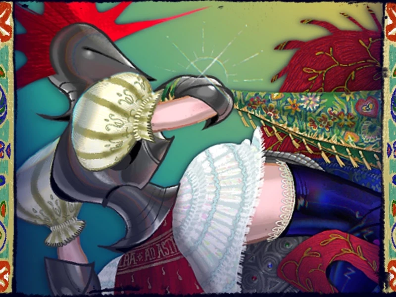 A vibrant illustration of a character in medieval armor and decorative clothing, with colorful floral patterns in the background and borders.