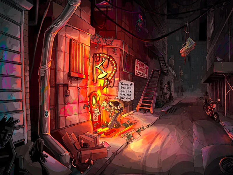 A person kneeling in a brightly lit urban alleyway doorway, surrounded by boxes and clutter.