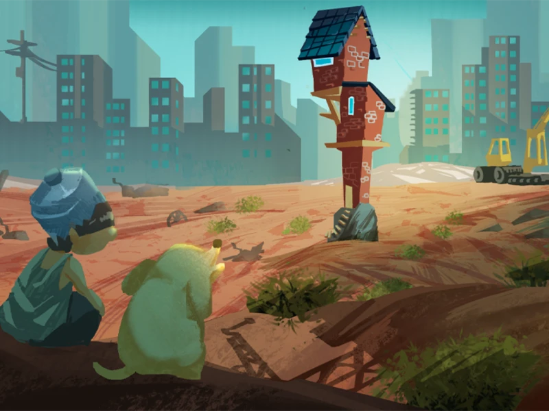 A child and a small animal gaze at a tall, narrow brick house amidst a futuristic urban landscape with skyscrapers and construction equipment.