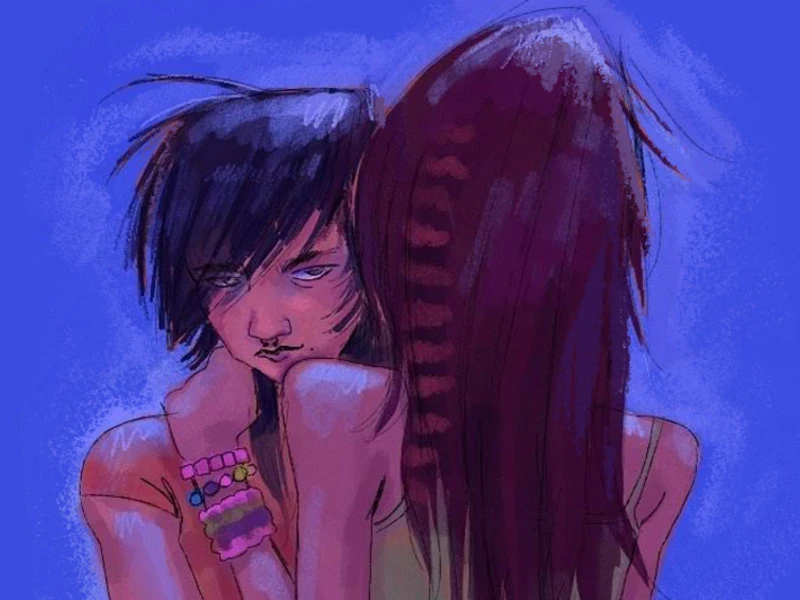 Stylized illustration of two people embracing with a blue background.