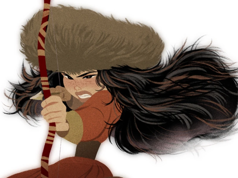 Illustration of a person with long black hair, holding a bow, and wearing a large brown hat.