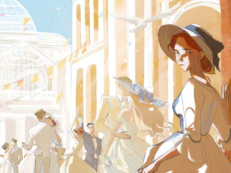 A woman in a white dress and hat stands in a vibrant, vintage-inspired outdoor gathering with dancing couples.