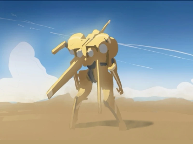 A yellow humanoid robot stands in a desert with a clear blue sky.