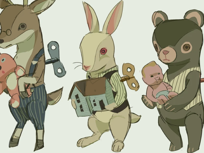 Three wind-up animals with vintage toys: a deer, a rabbit, and a bear.