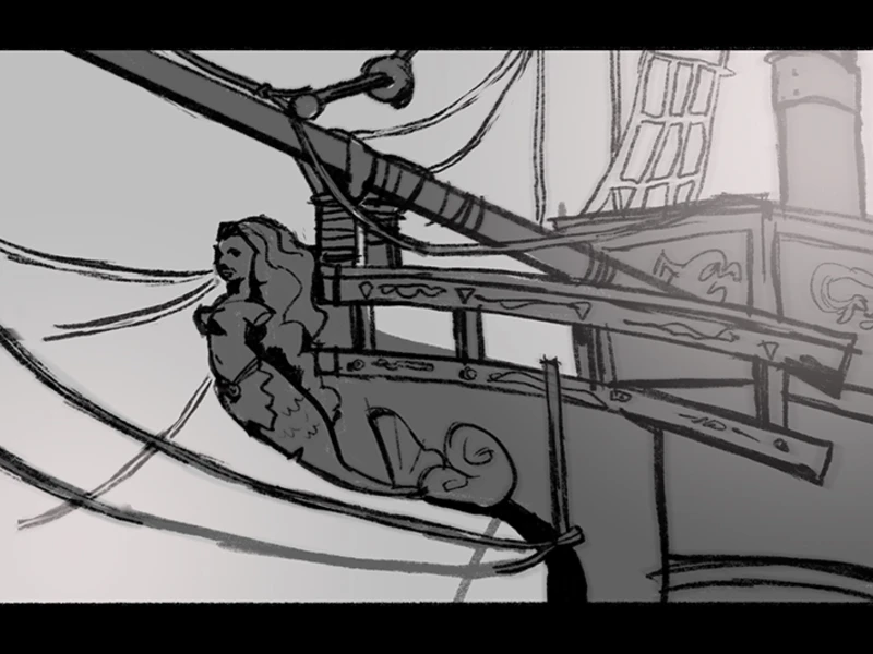 Monochrome illustration of a ship's figurehead featuring a mermaid sculpture.