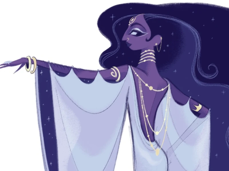 A stylized illustration of a woman with purple skin and long starry hair, wearing a lavender gown and gold jewelry.