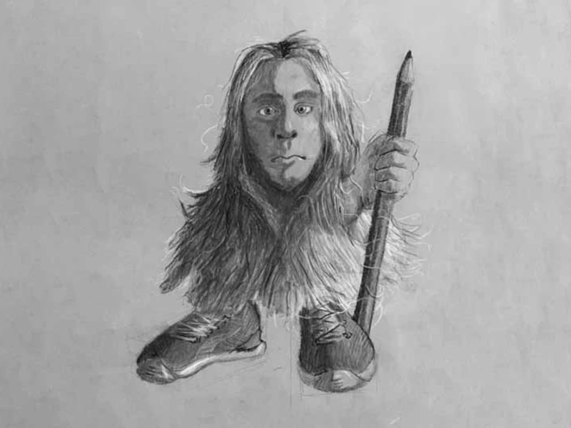 A pencil drawing of a small figure with a human face, wearing a shaggy fur coat, holding a large pencil, and standing in sneakers.
