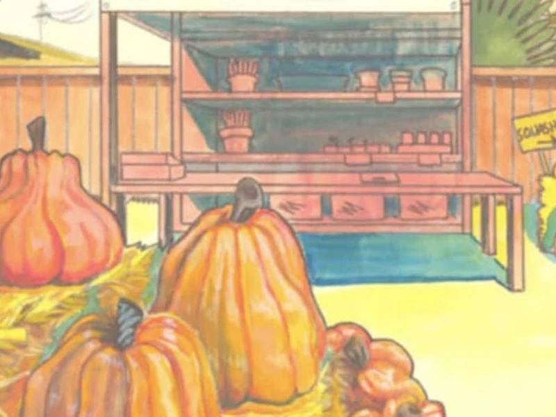 Pumpkins on straw in front of a farm stand with shelves and squash sign.