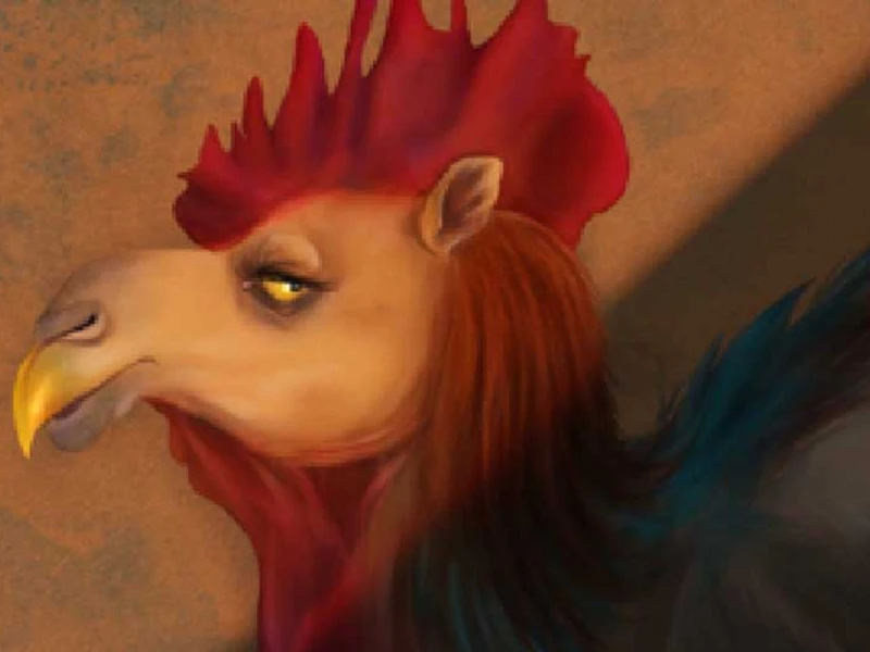 A camel and rooster hybrid creature with a camel's face and a rooster's red comb, featuring a yellow beak.