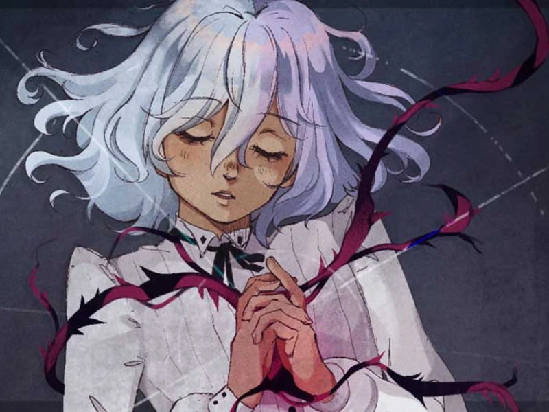 A serene figure with wavy white hair and closed eyes, surrounded by dark and red tendrils.