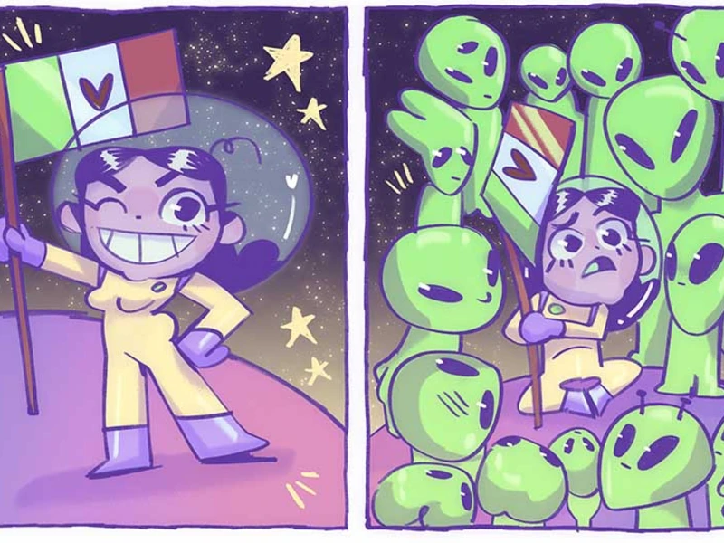 Two-panel comic of an astronaut on a planet with a Mexican-style flag, later surrounded by green aliens.