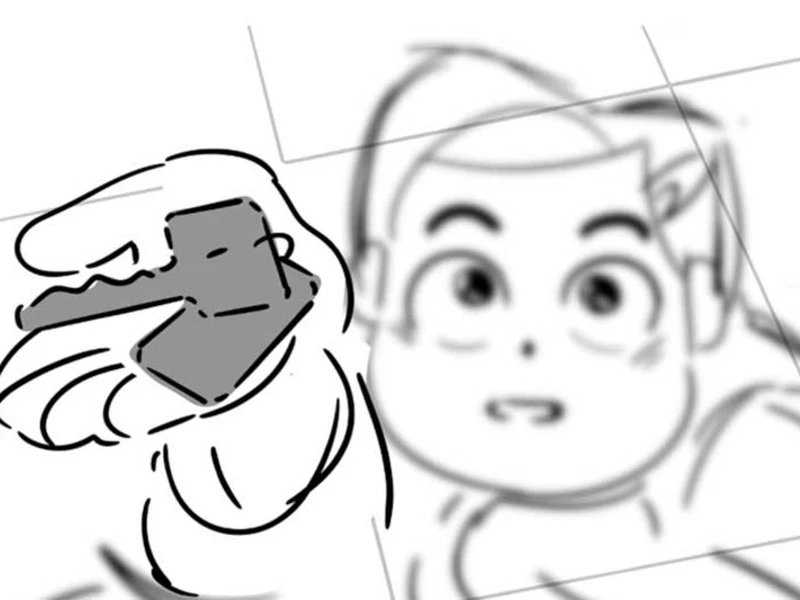 A sketch of a hand holding a key with a cartoon character's face in the background.