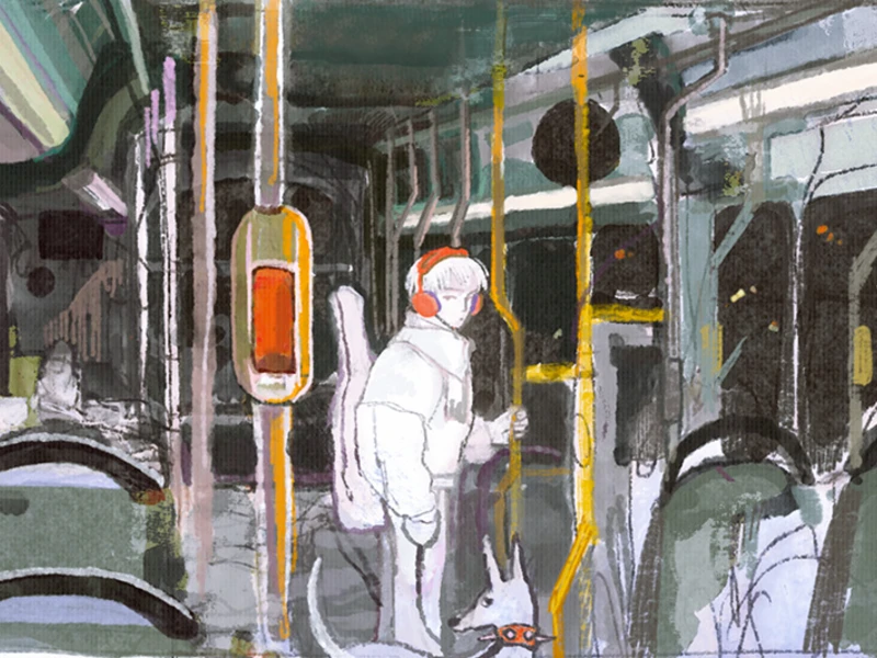 Artistic depiction of a person with orange headphones and a dog inside a bus.