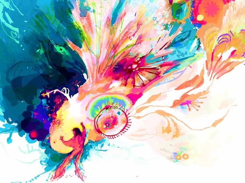 Abstract artwork with a vibrant mix of blues, pinks, and oranges, featuring swirling textures and burst patterns.